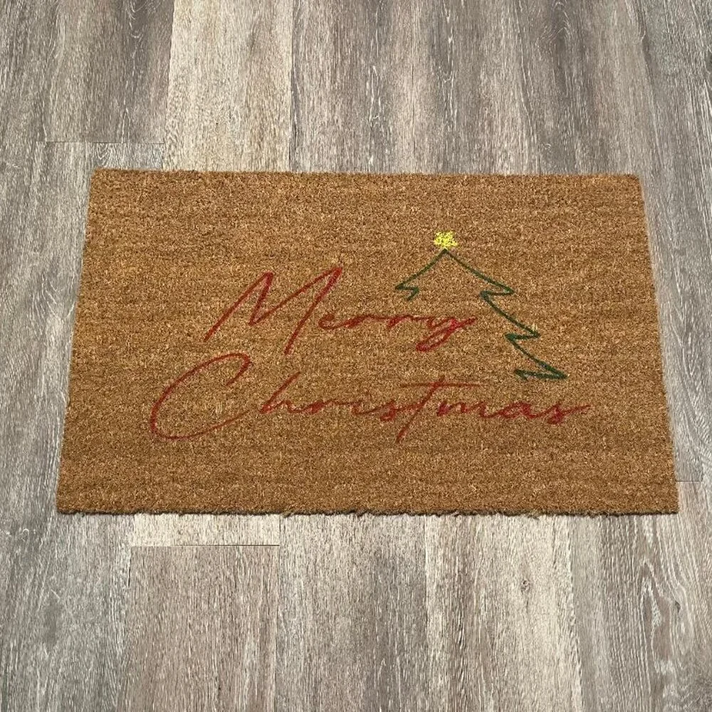 Merry Christmas with tree outline decorative coir doormat